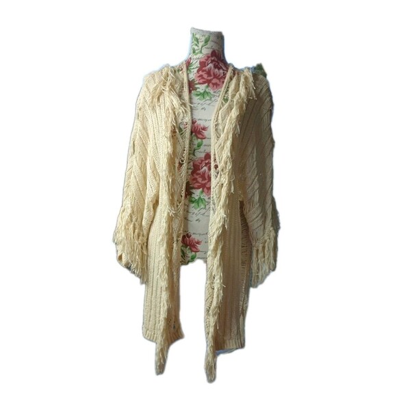 Jessica Simpson XS Oversized Fringed Duster Creme Ribbed Knit Boho Cowgirl - Picture 9 of 9